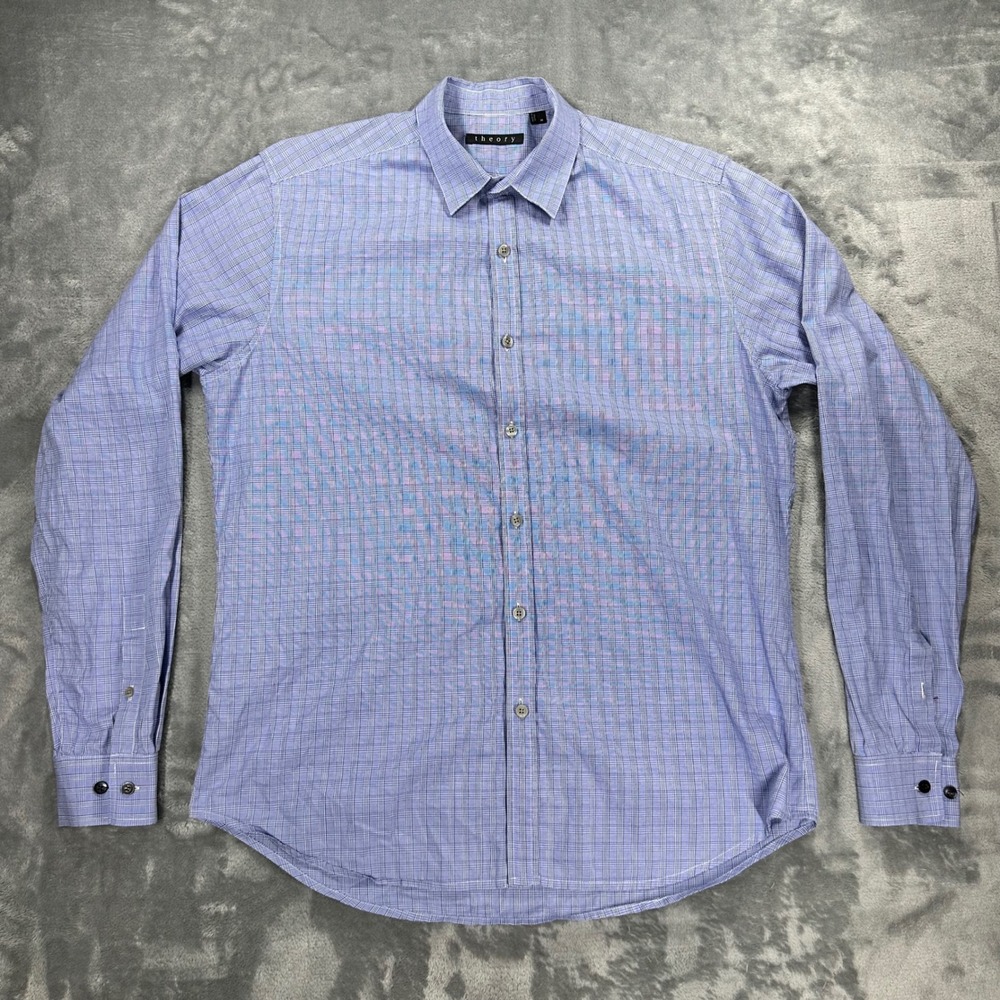 Theory Mens Blue White Plaid Cotton Blend Long Sleeve Button Down Shirt Size M
